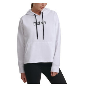 NWT DKNY Sport Logo Hooded Cotton Crop Sweatshirt White Size L